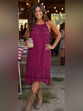 LOFT Pink Magenta Swiss Dot Halter Shift Midi Dress L Boho Country Party Summer
